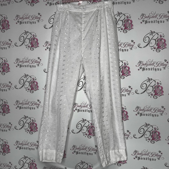 Pants floral embroidered white lounge flowy lounge lightweight flowers shimmer - Picture 1 of 9